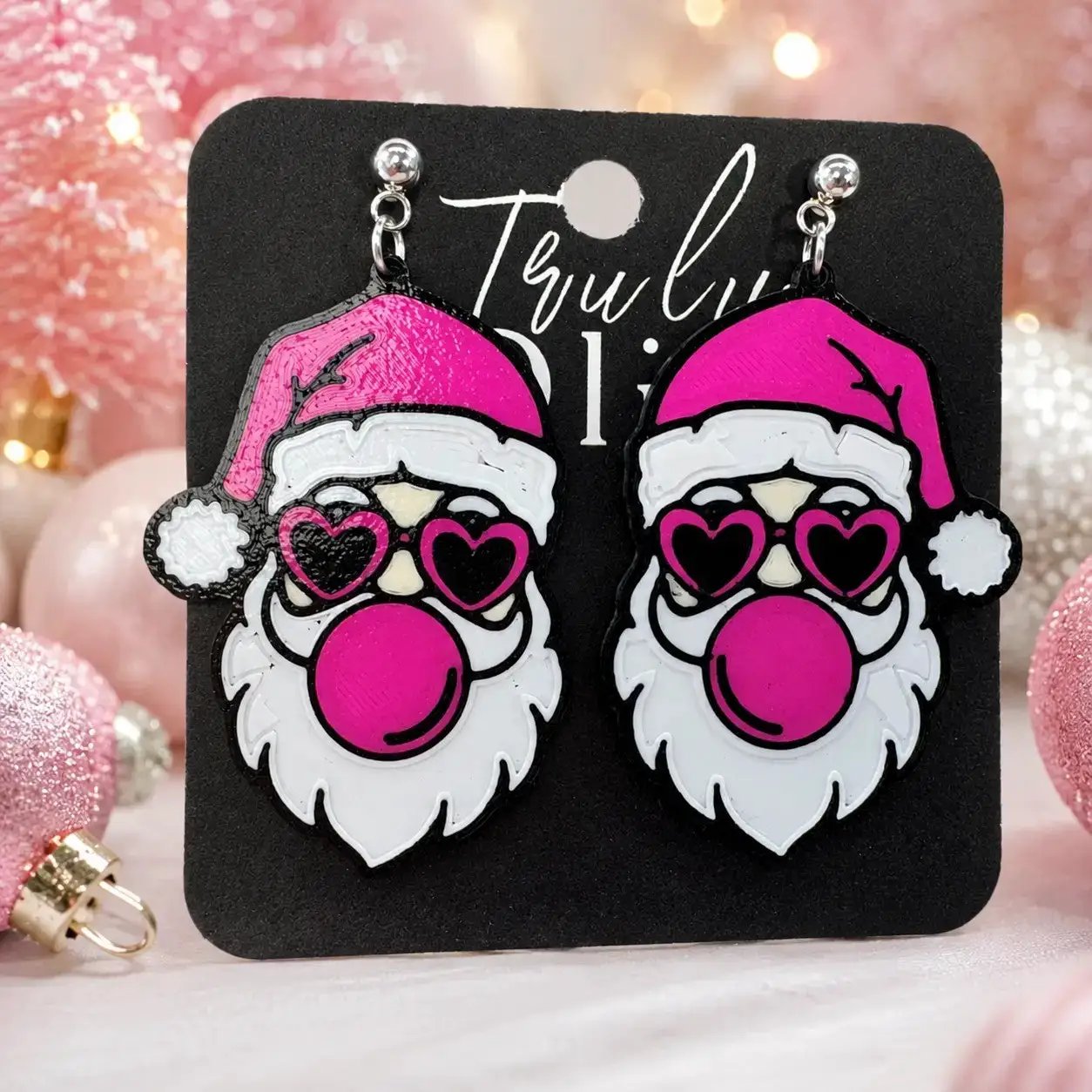 Truly Olive Pink Santa Heart Sunglasses Christmas Earrings - Earrings Stud/Post Earrings