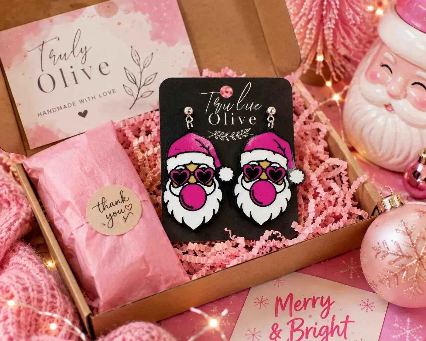 Truly Olive Pink Santa Heart Sunglasses Christmas Earrings - Earrings Stud/Post Earrings