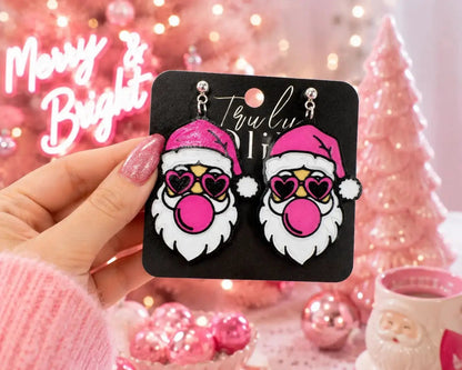 Truly Olive Pink Santa Heart Sunglasses Christmas Earrings - Earrings Stud/Post Earrings