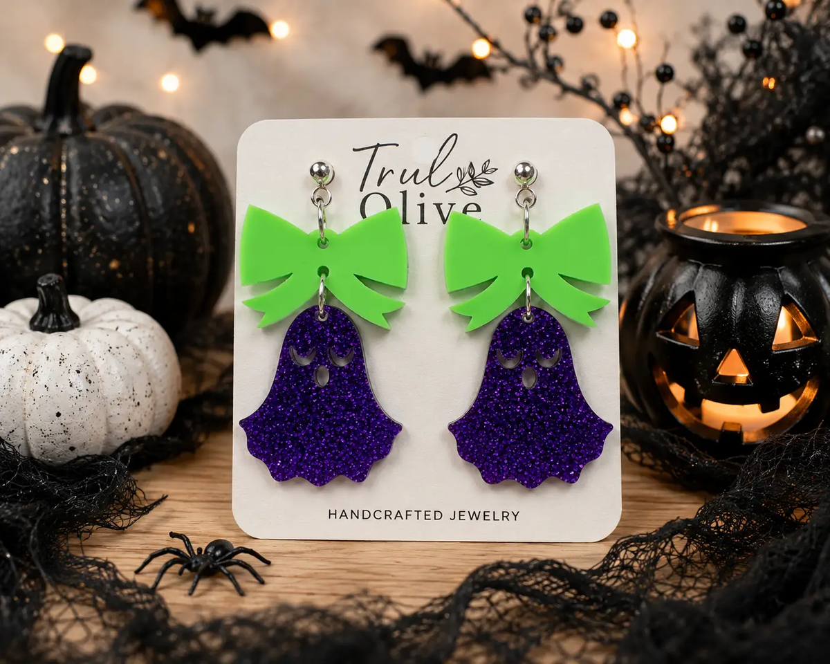 Truly Olive Halloween Ghost Lightweight Earrings With Copper Glitter Bows - Earrings Dangle Earrings