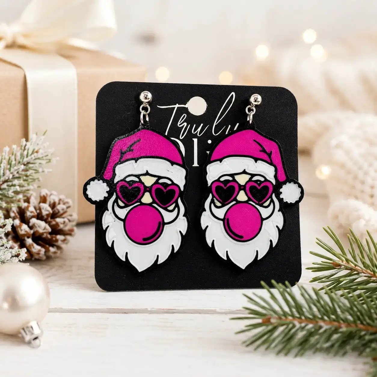 Truly Olive Pink Santa Heart Sunglasses Christmas Earrings - Earrings Stud/Post Earrings