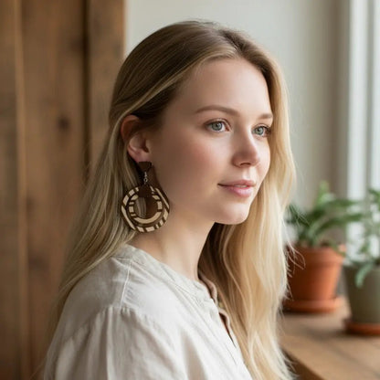 Truly Olive Leather Strap Wooden Hoop Earrings - Earrings Hoop Earrings