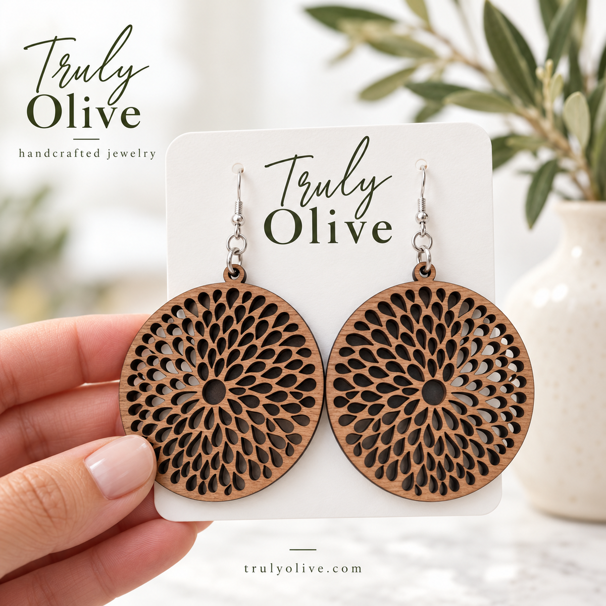 Truly Olive Round Teardrop Cutout Wood Earrings - Earrings Dangle Earrings